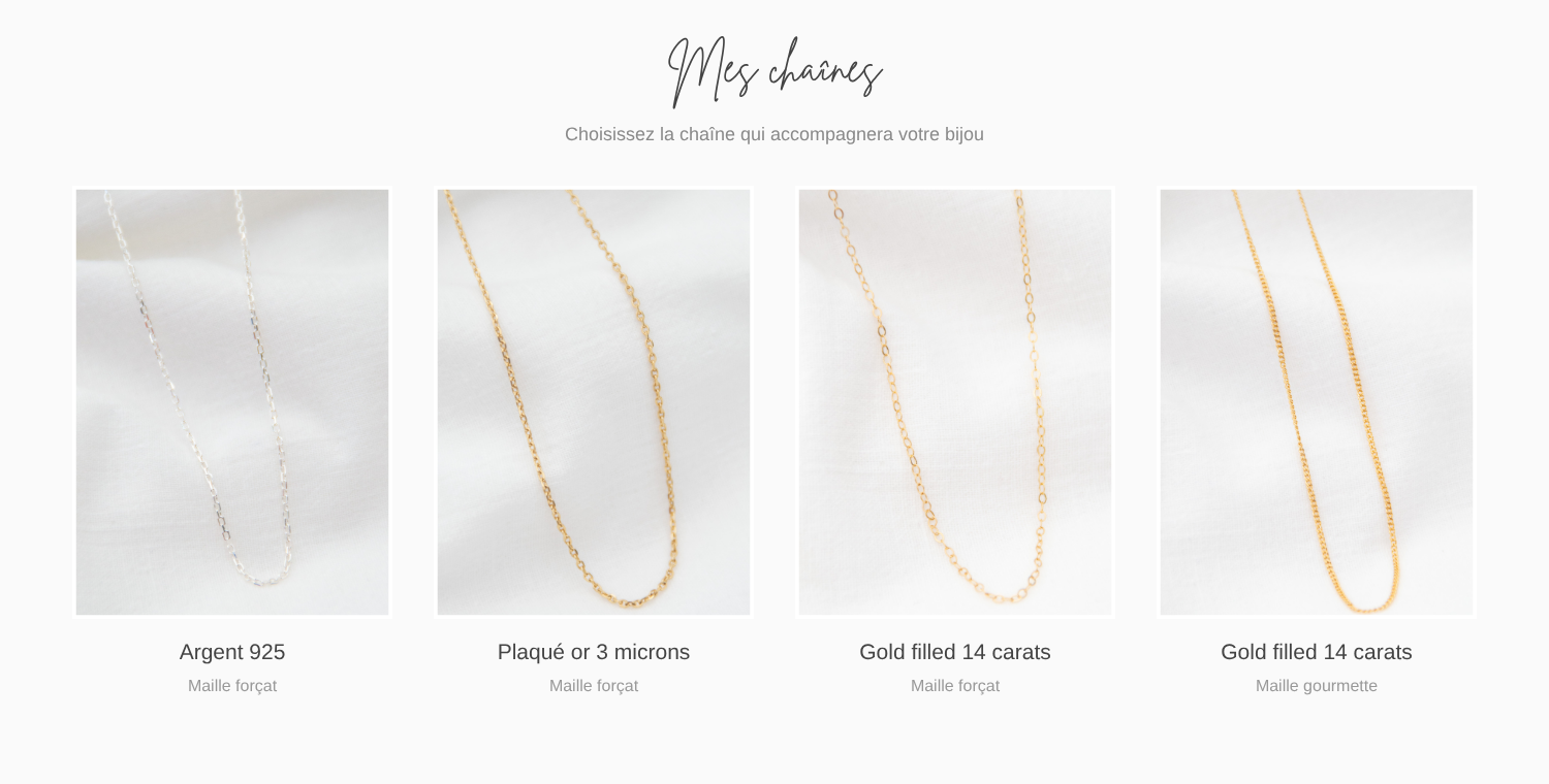 Les quatre chaînes proposées par JR Jewelry : argent 925, plaqué or 3 microns et gold filled 14 carats